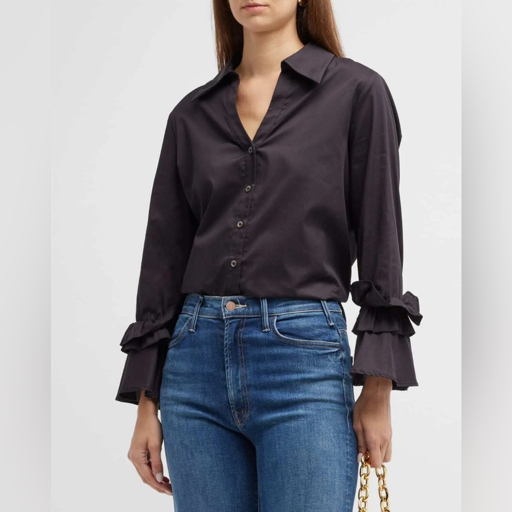 $228 HARSHMAN Selina Striped Ruffle-Trim 100% Cotton Shirt Size XS Fits Up to M